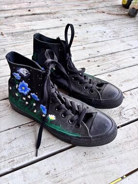 Hand-Painted Black High-Top Sneakers with Blue Floral Design